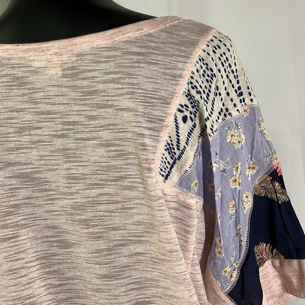 Kori Pink Space Dyed Patchwork Split Neck Oversized Short Sleeve Top - Picture 10 of 16